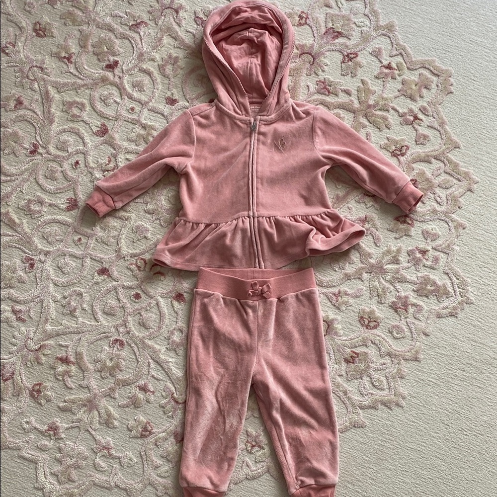 Ralph Lauren Pink Velour Hoodie Set, Size 9-12 months Cream color